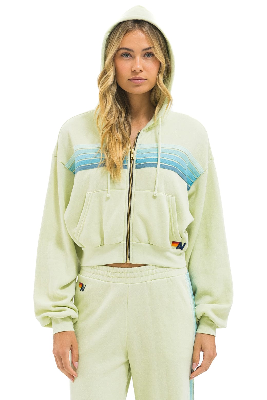Classic 5 STRIPE CROPPED ZIP HOODIE RELAXED - LIME CREAM SEAFOAM