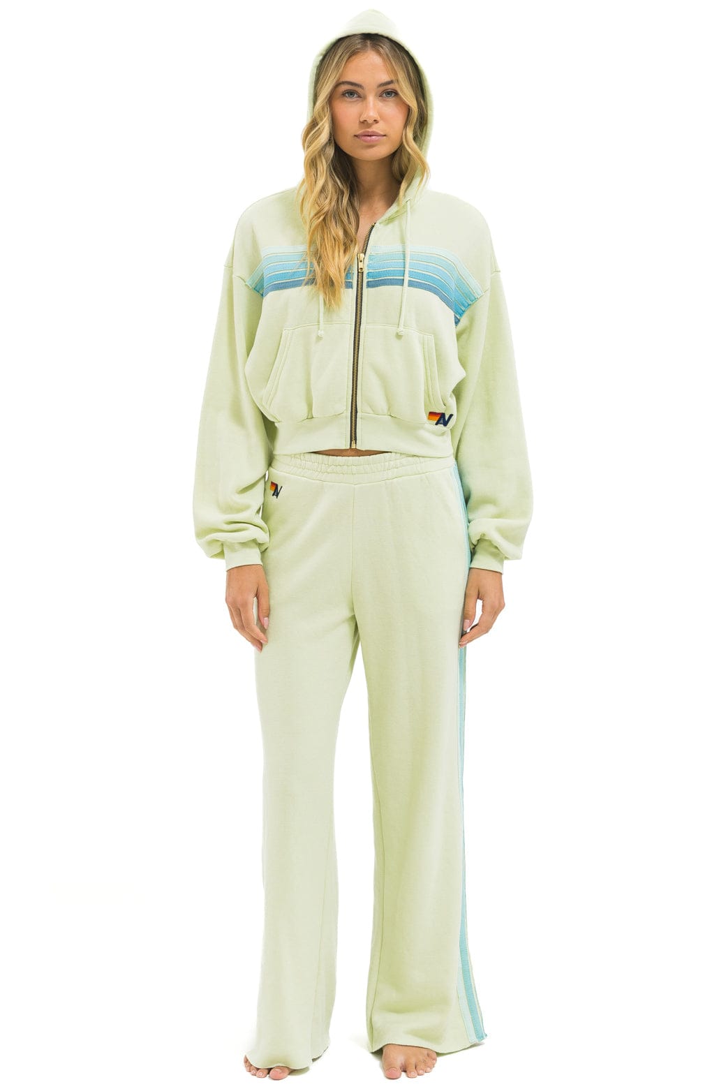Classic 5 STRIPE CROPPED ZIP HOODIE RELAXED - LIME CREAM SEAFOAM