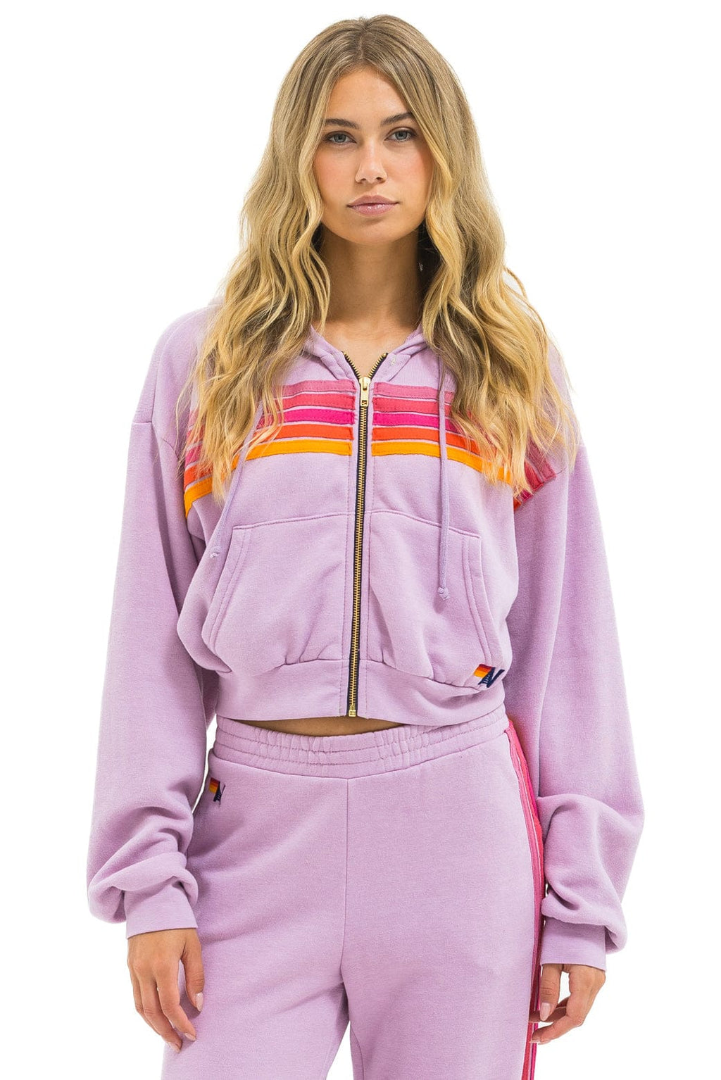 Classic 5 STRIPE CROPPED ZIP HOODIE RELAXED - MAUVE MAGENTA ORANGE