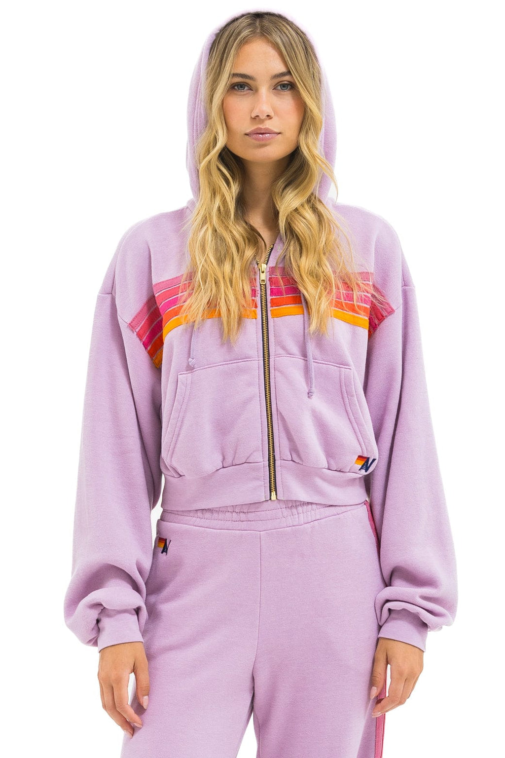 Classic 5 STRIPE CROPPED ZIP HOODIE RELAXED - MAUVE MAGENTA ORANGE