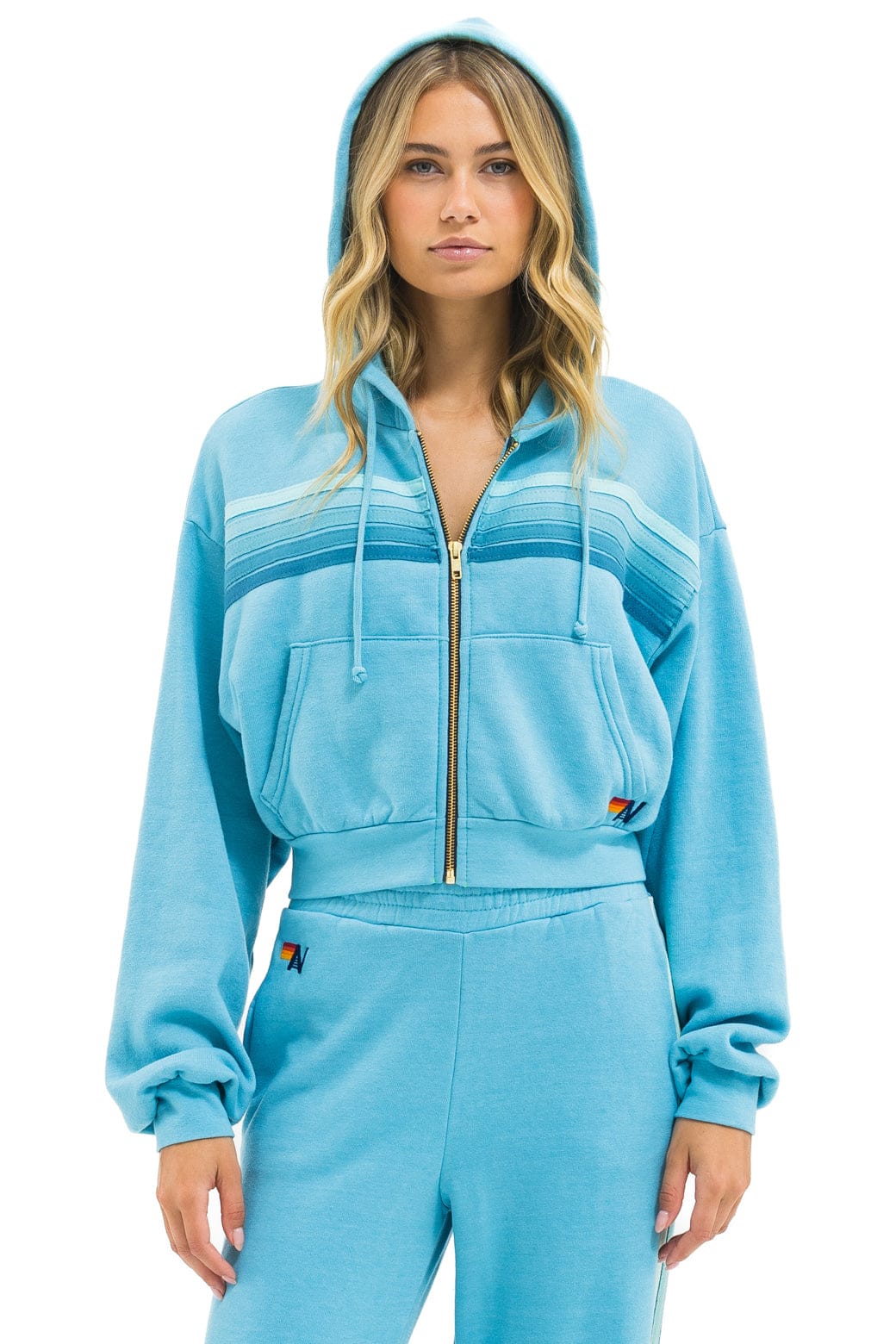 Classic 5 STRIPE CROPPED ZIP HOODIE RELAXED - AQUA AQUA