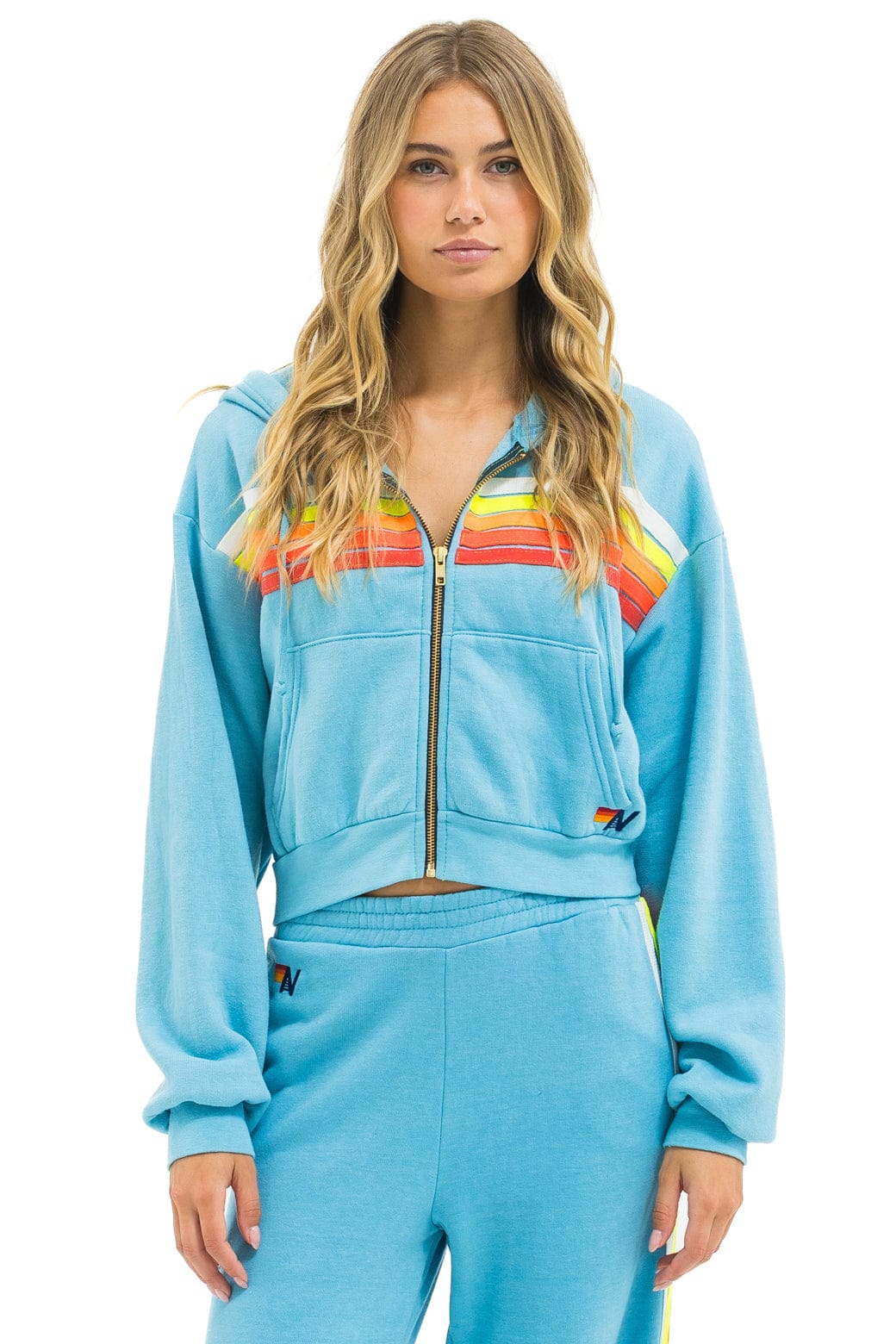 Classic 5 STRIPE CROPPED ZIP HOODIE RELAXED - AQUA WHITE NEON
