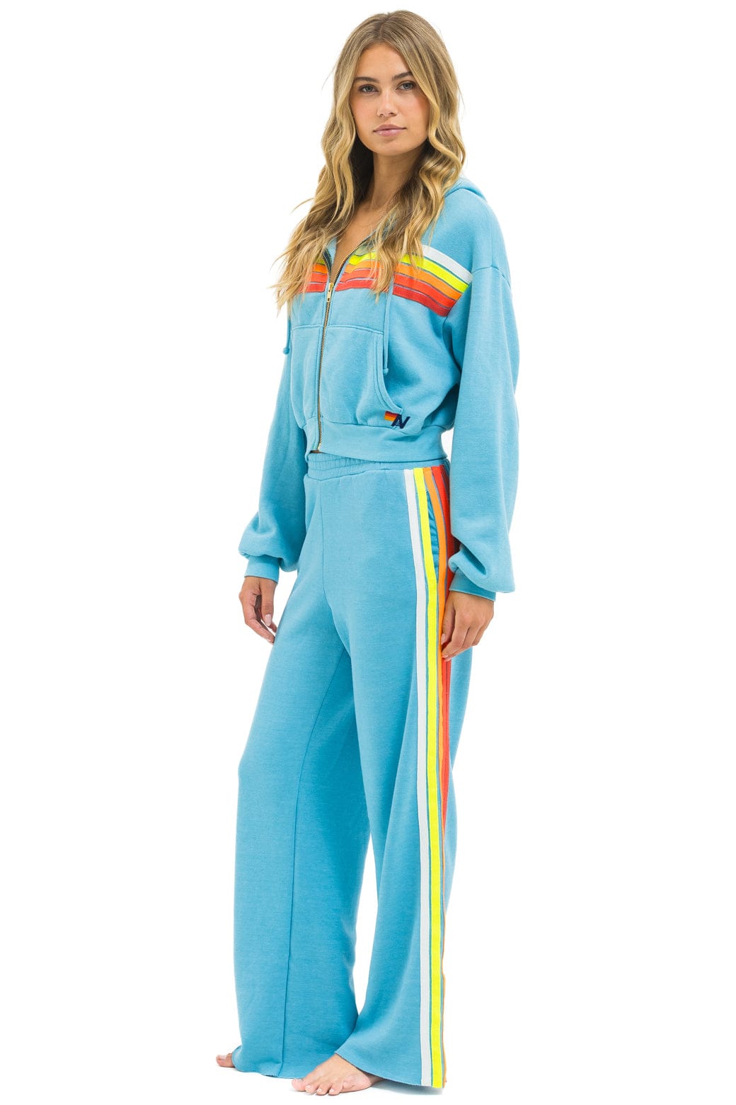 Classic 5 STRIPE CROPPED ZIP HOODIE RELAXED - AQUA WHITE NEON