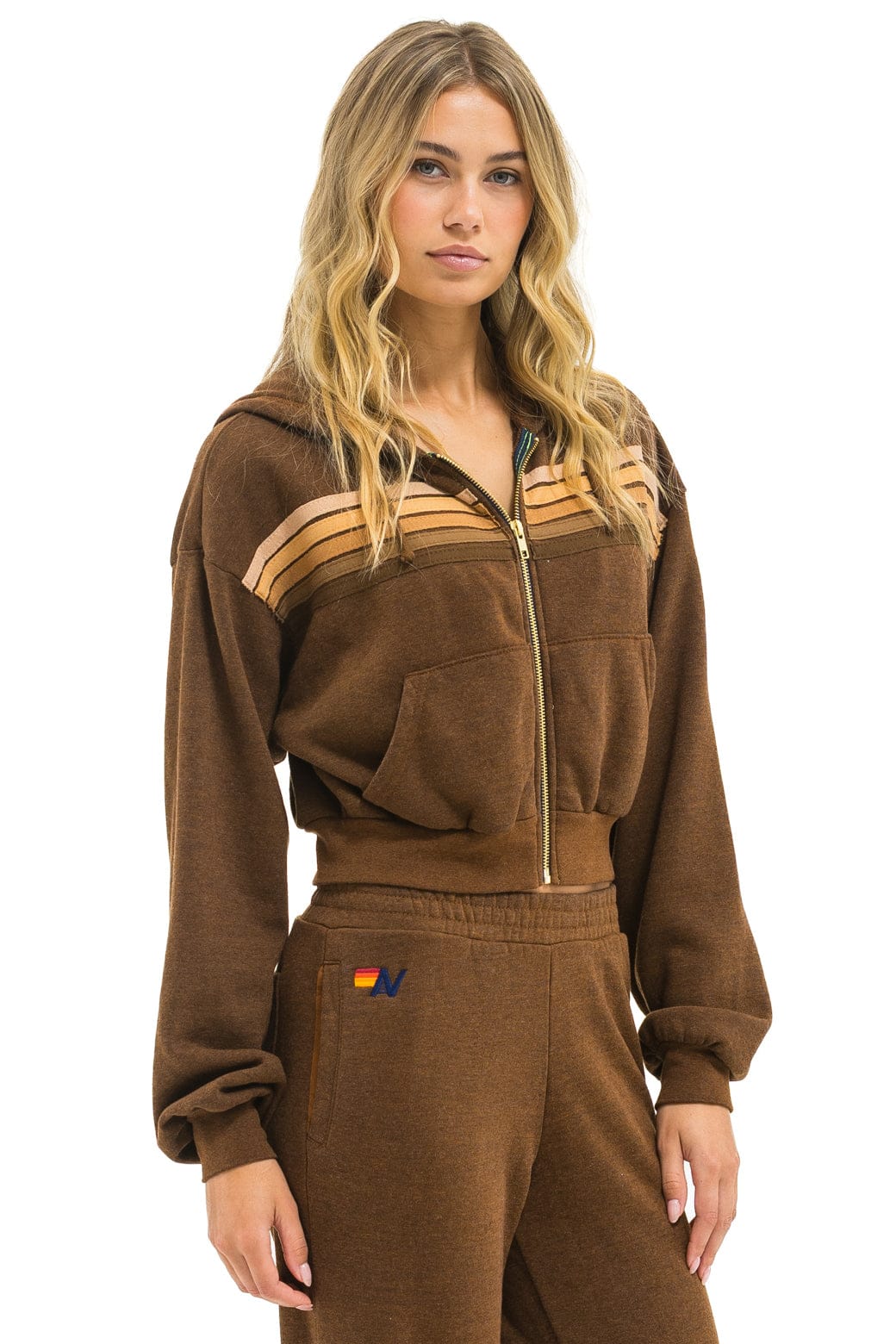 Classic 5 STRIPE CROPPED ZIP HOODIE RELAXED - CHOCOLATE ESPRESSO