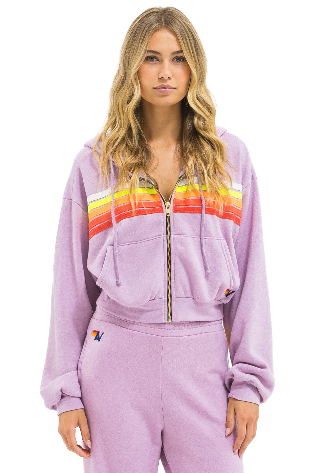 Classic 5 STRIPE CROPPED ZIP HOODIE RELAXED - MAUVE WHITE NEON