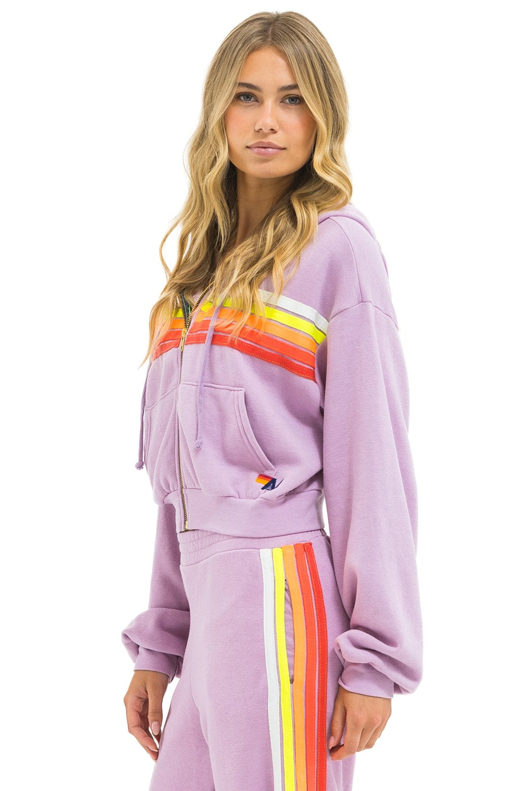 Classic 5 STRIPE CROPPED ZIP HOODIE RELAXED - MAUVE WHITE NEON