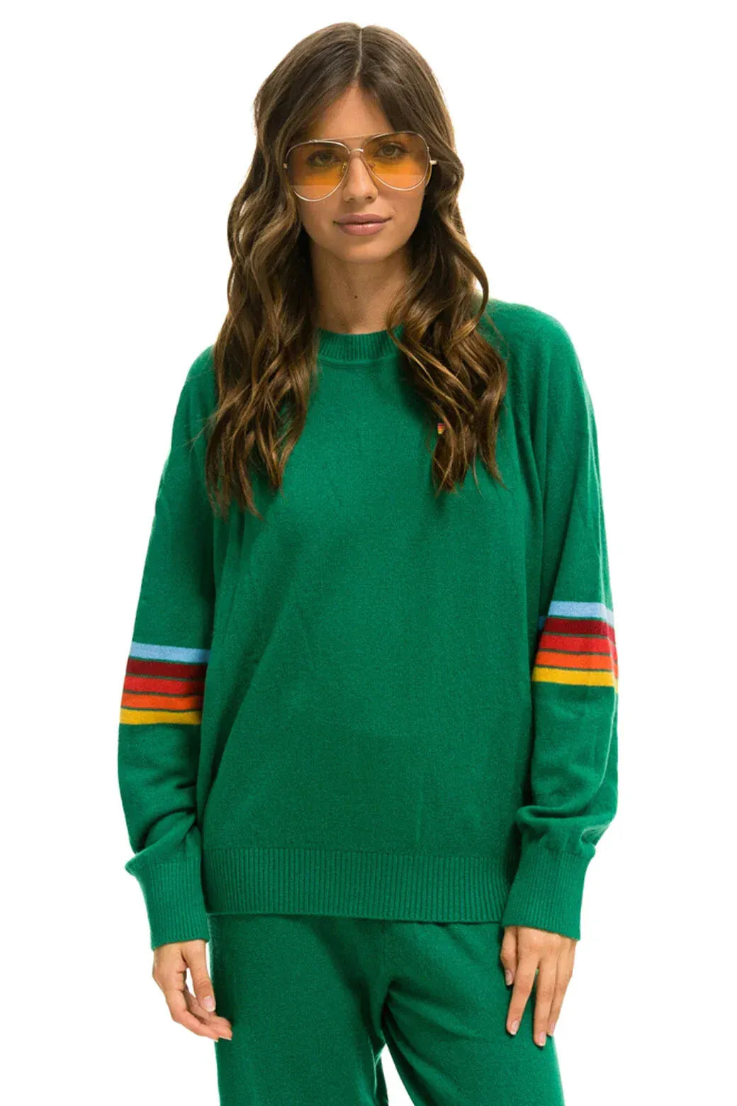 Retro RAINBOW STRIPE SLEEVE UNISEX CASHMERE LIGHT SWEATER - AMAZON