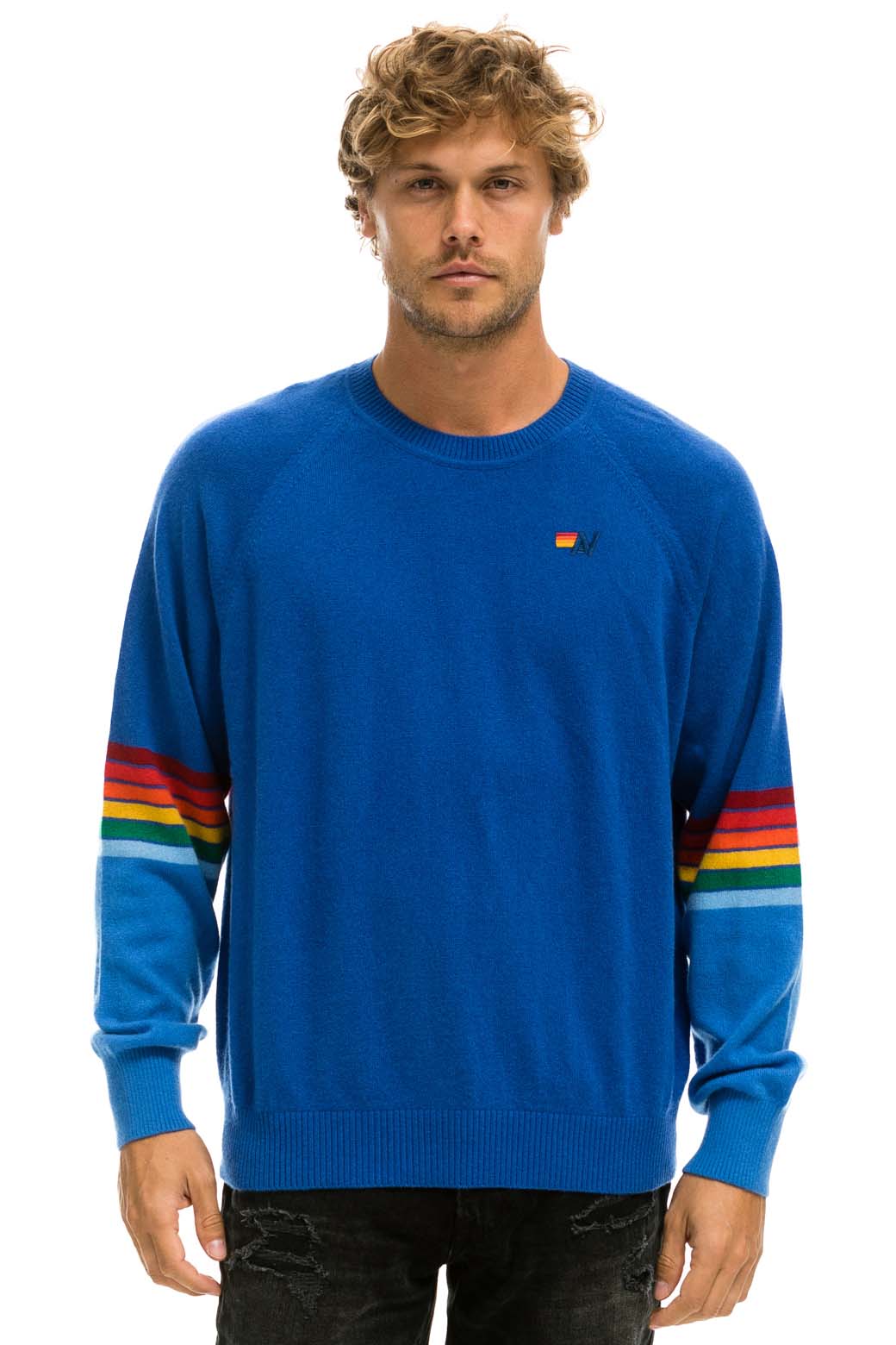 Retro RAINBOW STRIPE SLEEVE UNISEX CASHMERE LIGHT SWEATER - VINTAGE BLUE