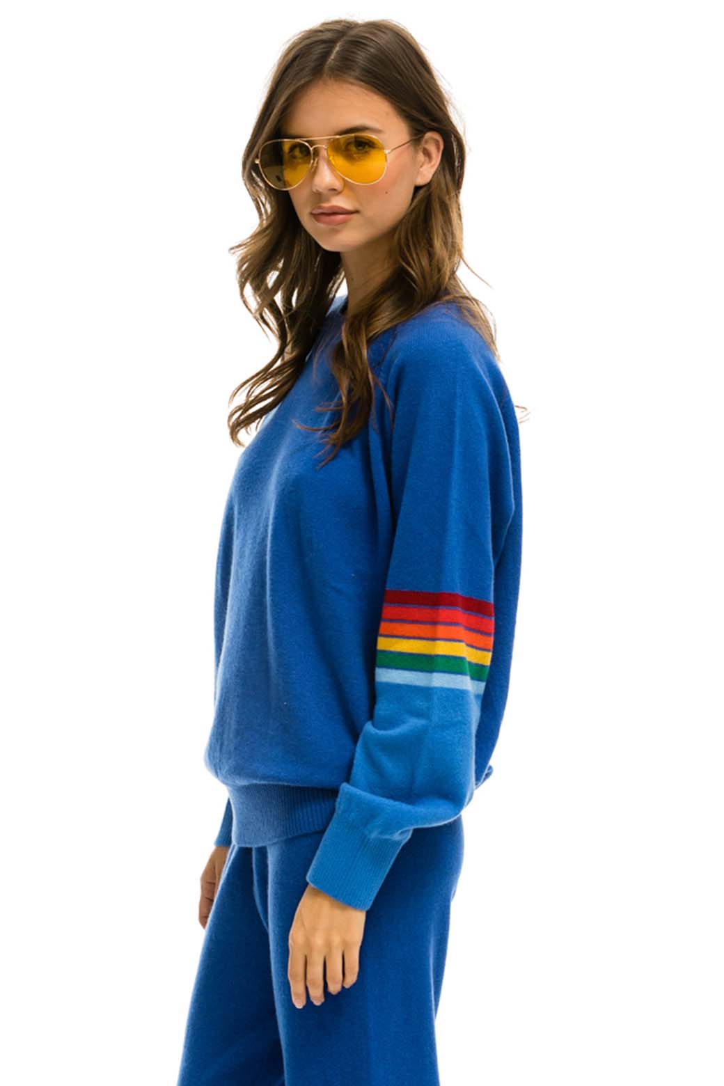 Retro RAINBOW STRIPE SLEEVE UNISEX CASHMERE LIGHT SWEATER - VINTAGE BLUE