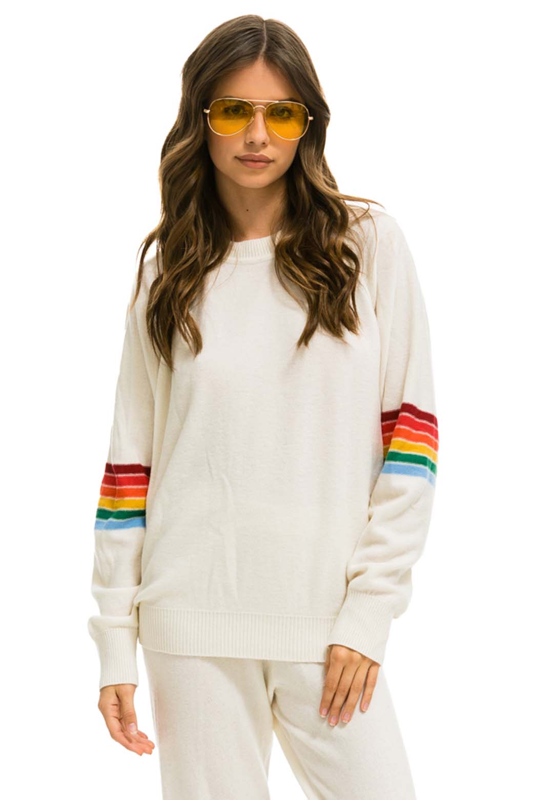 Retro RAINBOW STRIPE SLEEVE UNISEX CASHMERE LIGHT SWEATER - VINTAGE WHITE