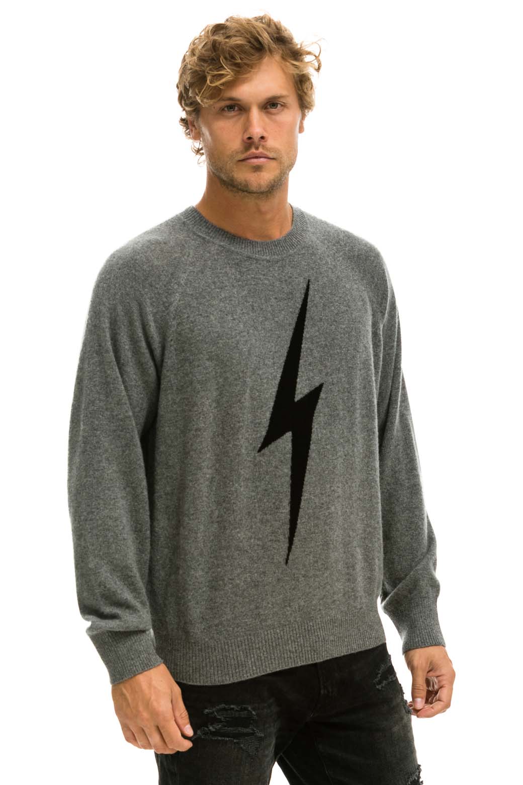 Retro UNISEX BOLT CASHMERE LIGHT SWEATER - DEEP HEATHER BLACK BOLT