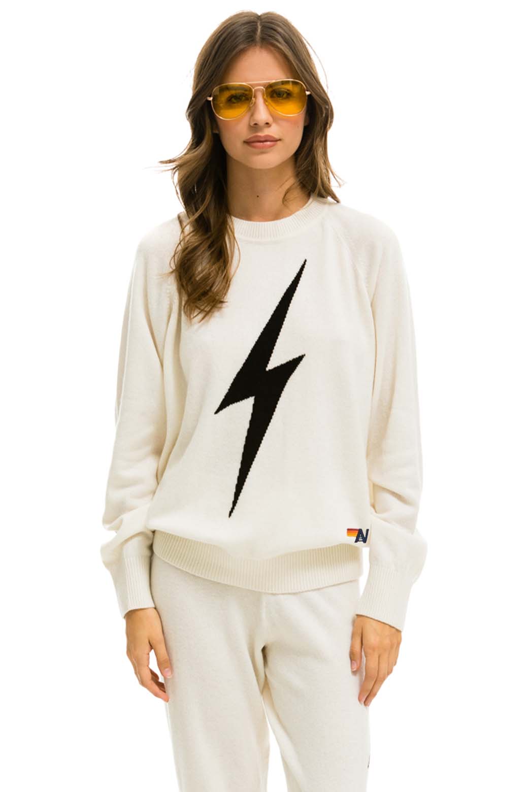 Retro UNISEX BOLT CASHMERE LIGHT SWEATER - VINTAGE WHITE BLACK BOLT