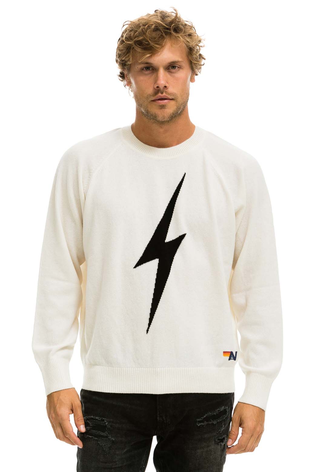 Retro UNISEX BOLT CASHMERE LIGHT SWEATER - VINTAGE WHITE BLACK BOLT