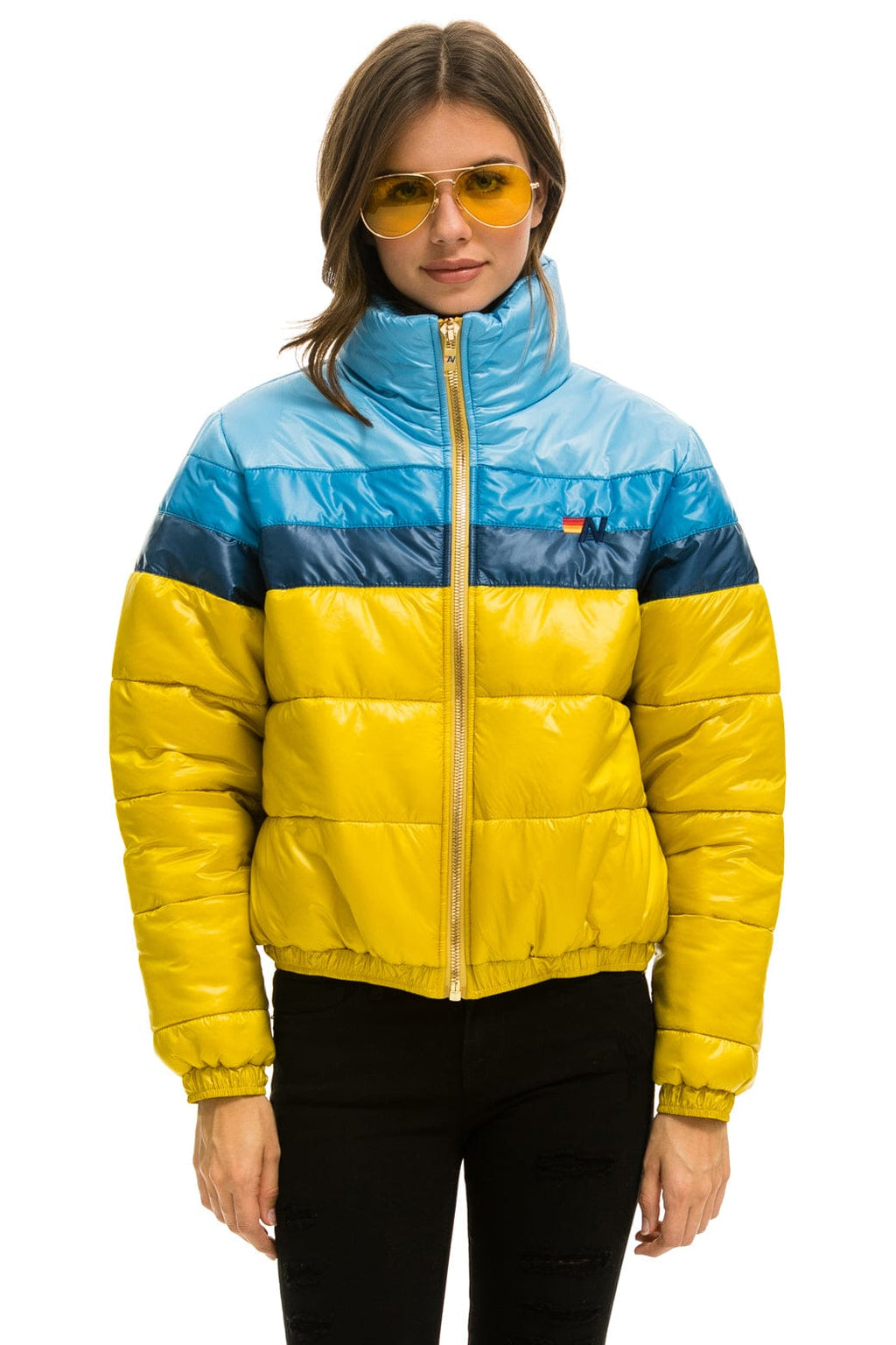 Retro COLOR BLOCK LUXE APRES PUFFER JACKET - HONEY GLOSSY